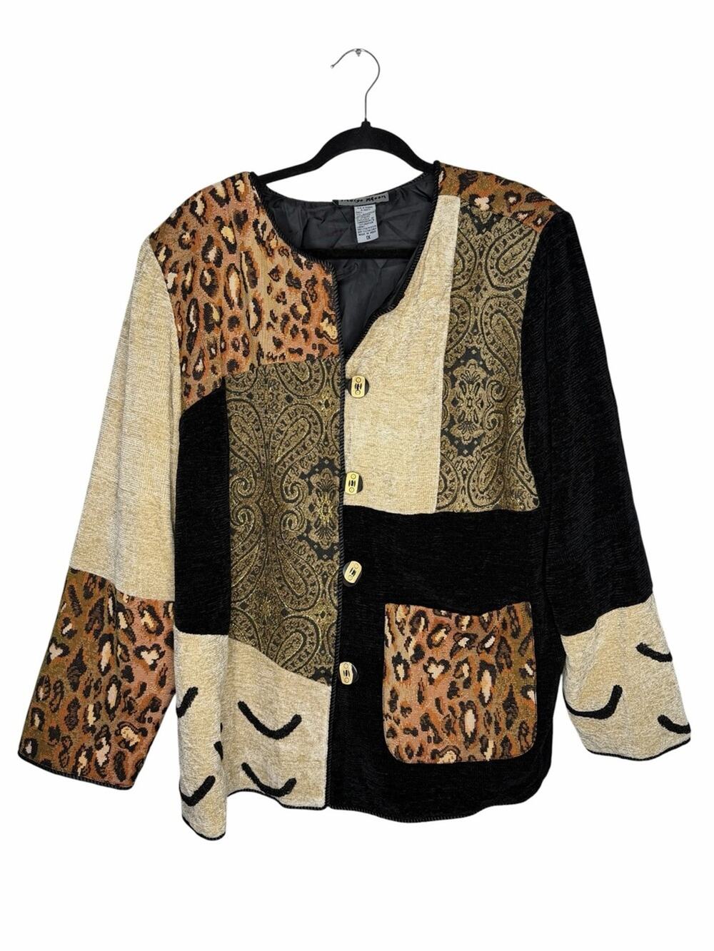 INDIGO MOON / tan brown black animal print mixed media patchwork jacket / 1X